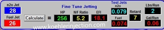 Nitrous Master nitrous to fuel ratio results panel.