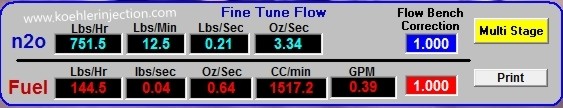 Nitrous Master flow testing results panel.